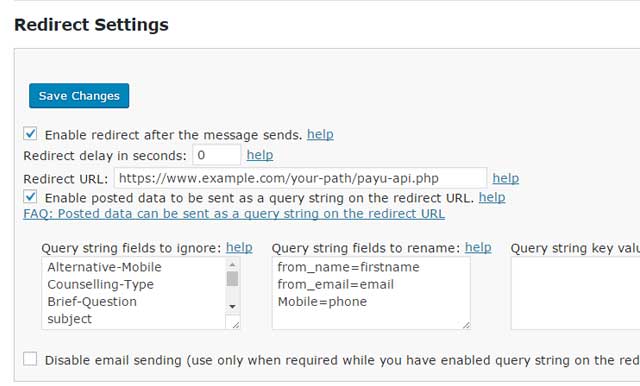 FS Contact Form Redirect settings