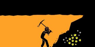 Person worker digging and mining for gold in an underground tunnel. vector artwork depicts hard work, success, achievement, and discovery.