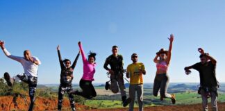 Group friends jumping photos