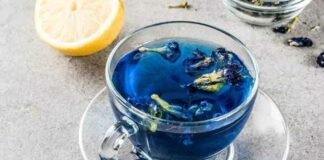 Blue Tea, Glass, Cup, Tea, Leafs