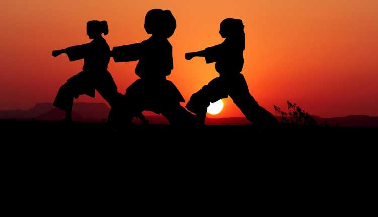 Karate, self defense, girls, yoga, exercise, sunset, group