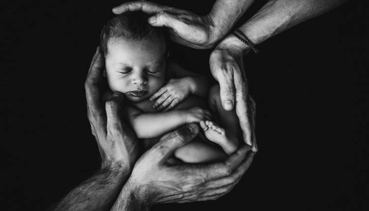 Newborn, Hand, Baby, Grayscale