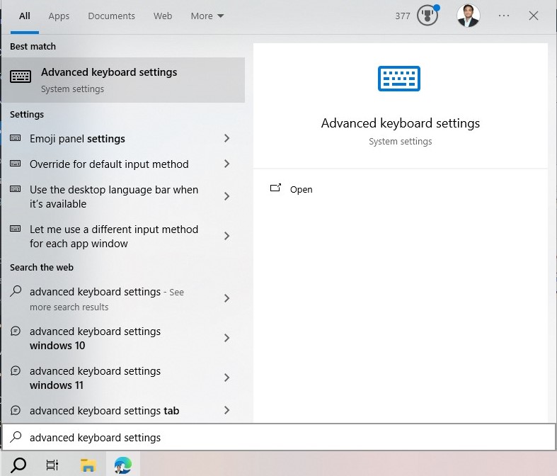 Advanced Keyboard Settings Search