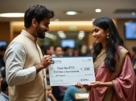 Indian Politician Handing Over A Check To A Social Media Influencer Of Indian