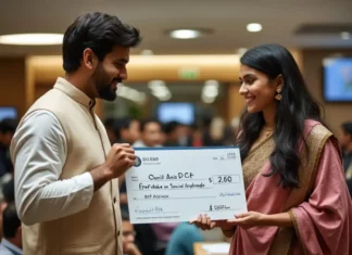 Indian Politician Handing Over A Check To A Social Media Influencer Of Indian