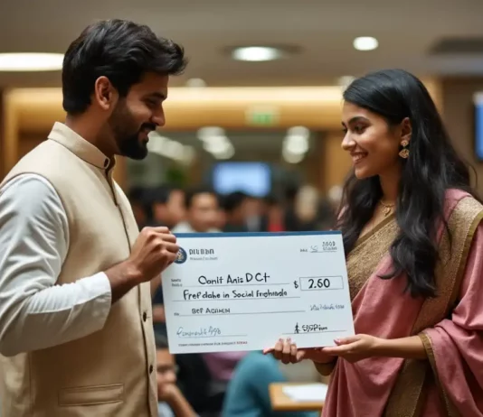 Indian Politician Handing Over A Check To A Social Media Influencer Of Indian