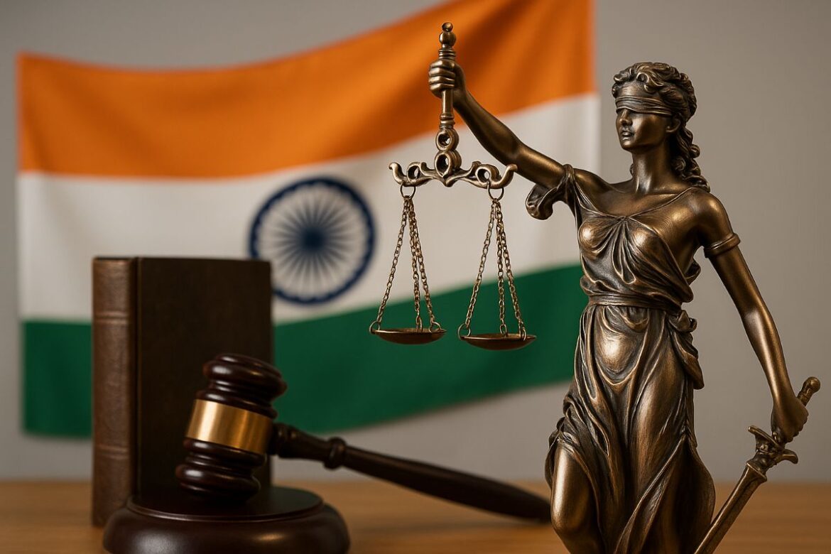 Lady Justice Statue Holding Scales And Sword In Front Of The Indian Flag With A Gavel And Law Book On A Wooden Desk, Symbolizing Equality And Constitutional Justice In India Lady Justice Statue Holding Scales And Sword In Front Of The Indian Flag With A Gavel And Law Book On A Wooden Desk, Symbolizing Equality And Constitutional Justice In India