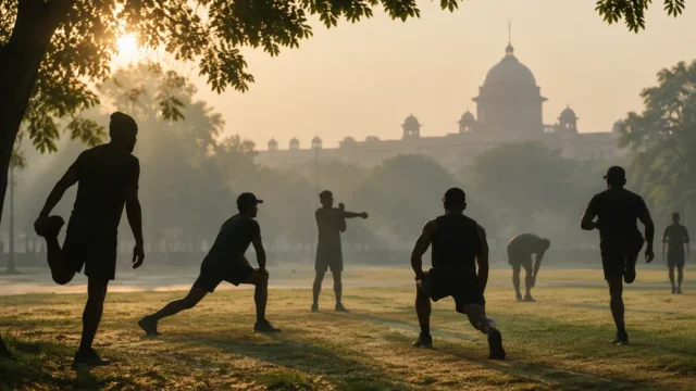 A group of ex-servicemen preparing for a physical endurance test.