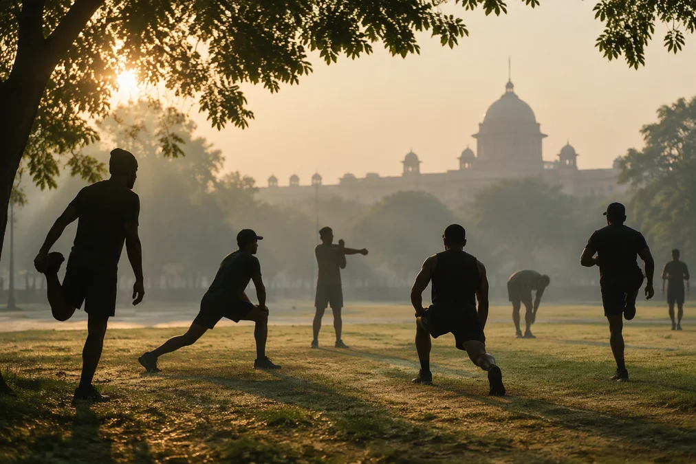 A group of ex-servicemen preparing for a physical endurance test.
