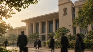 The Andhra Pradesh High Court building in a clear blue sky.