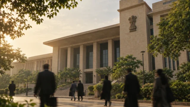 The Andhra Pradesh High Court building in a clear blue sky.