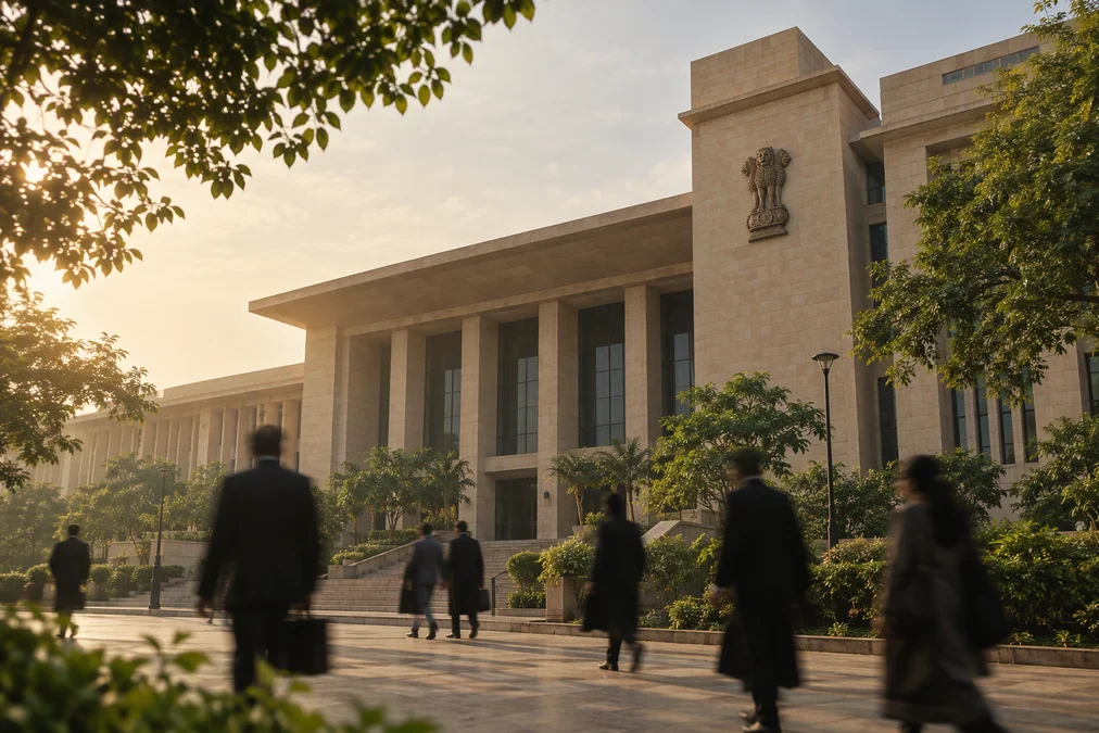 The Andhra Pradesh High Court building in a clear blue sky.