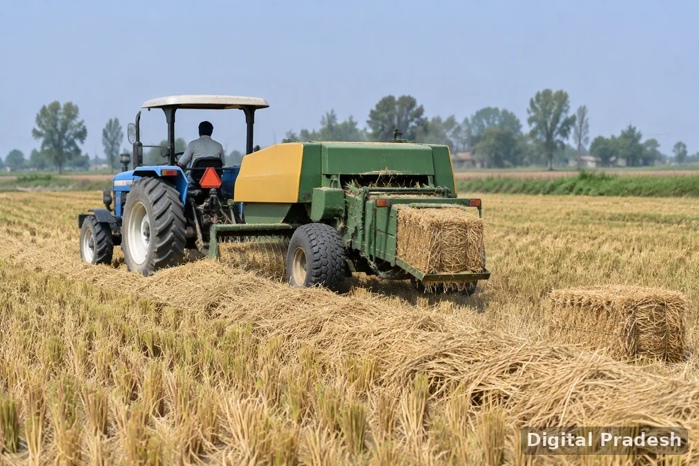 Crop residue lies in a harvested paddy field.
