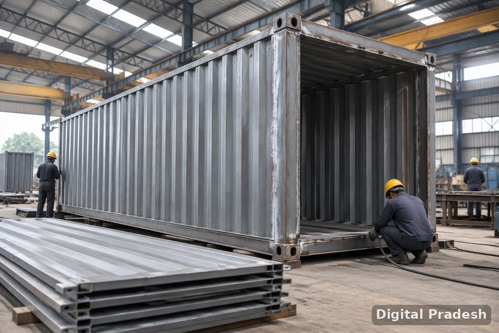 Shipping containers are stacked at a freight terminal.