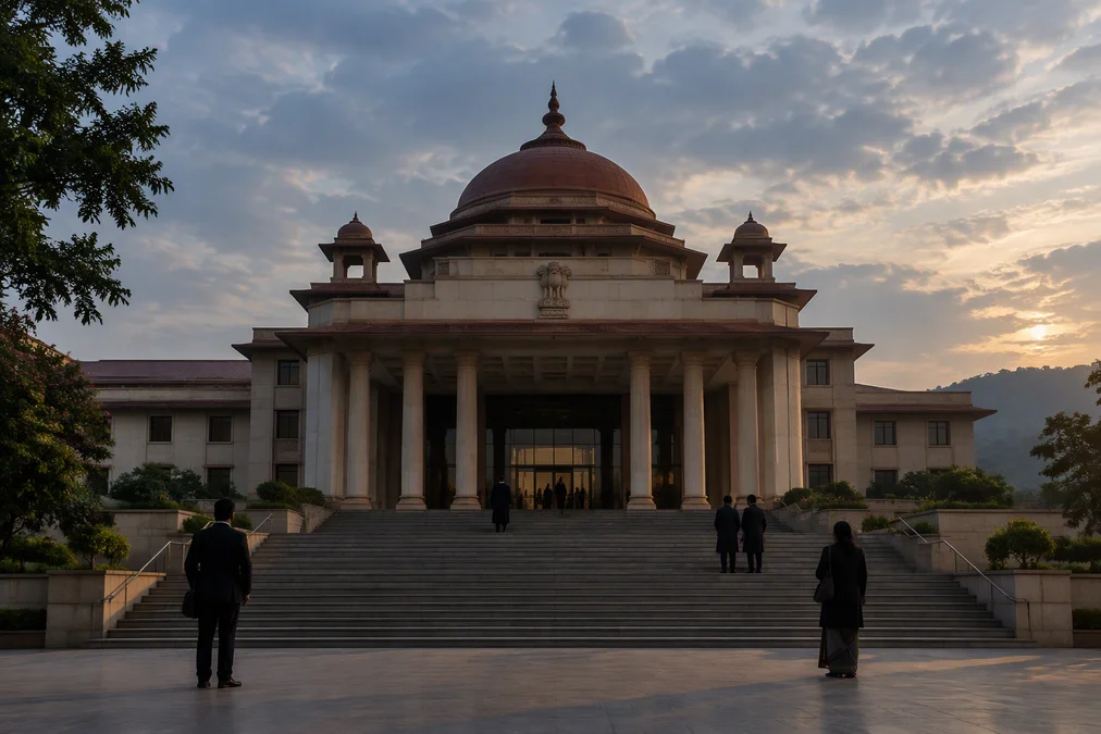 Gauhati High Court building exterior with a clear blue sky.