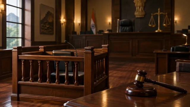 A courtroom scene depicting a legal ruling on domestic abuse.