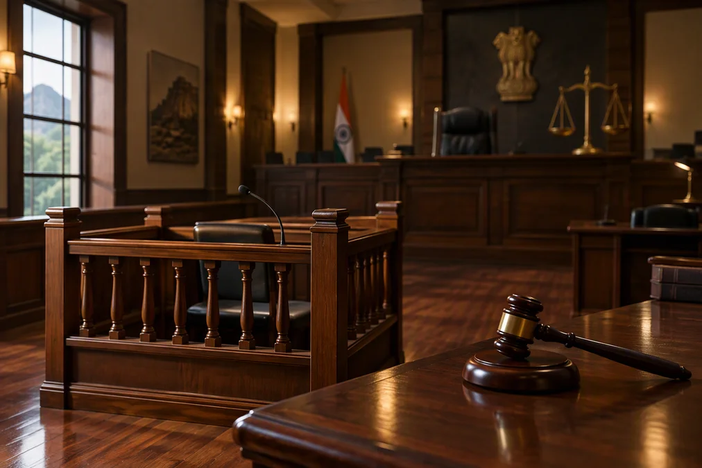 A courtroom scene depicting a legal ruling on domestic abuse.