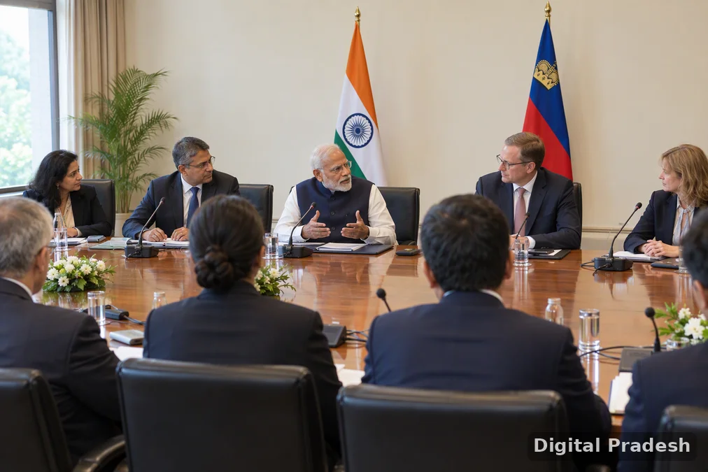 Narendra Modi and Liechtenstein's Hereditary Prince Alois discuss trade and investment cooperation.