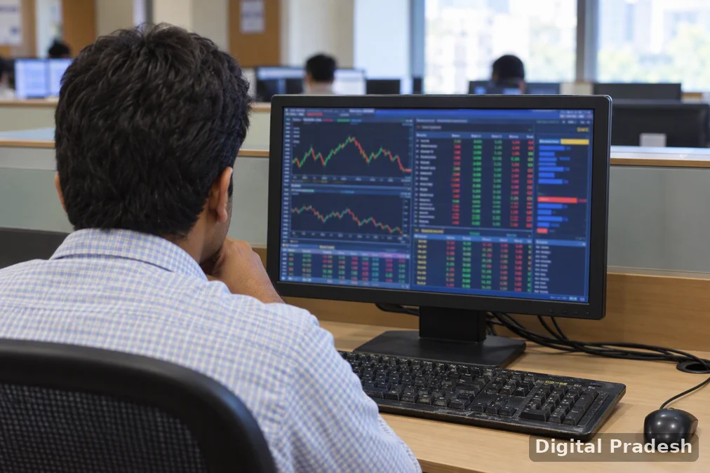 Market summary showing declines in the Nifty 50 and Sensex alongside gains in information technology shares.