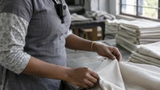 A textile worker wears a camera while packing aprons at a factory in Karur, India.