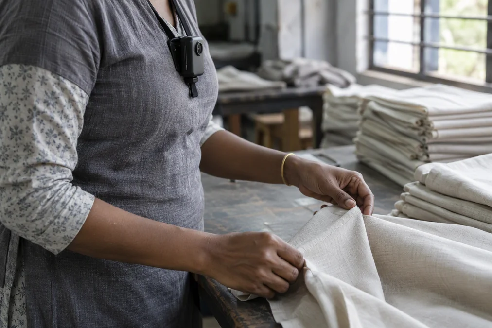 A textile worker wears a camera while packing aprons at a factory in Karur, India.